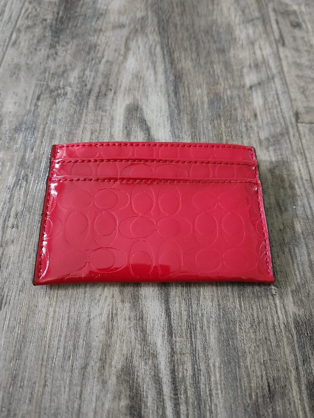 Coach Slim Patent Leather Cherry Red Card Case Wallet Signature C